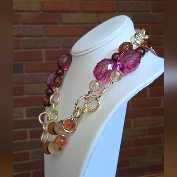 Vintage George Gold Tone and Purple Brown Tan Color Beaded Necklace - Picture 4 of 9